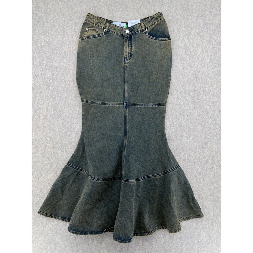 House of Sunny Law of Attraction Denim Mermaid Skirt Acid Wash Yellow Blue Maxi